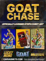 Promotional graphic for 'GOAT Chase' with licensed Steph Curry art and various card designs.