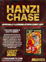 Hanzi Chase officially licensed Steph Curry art card with red and gold design on a dark background