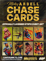 Promotional image for Mickey Ardell Chase Cards featuring Stephen Curry art on a dark background.